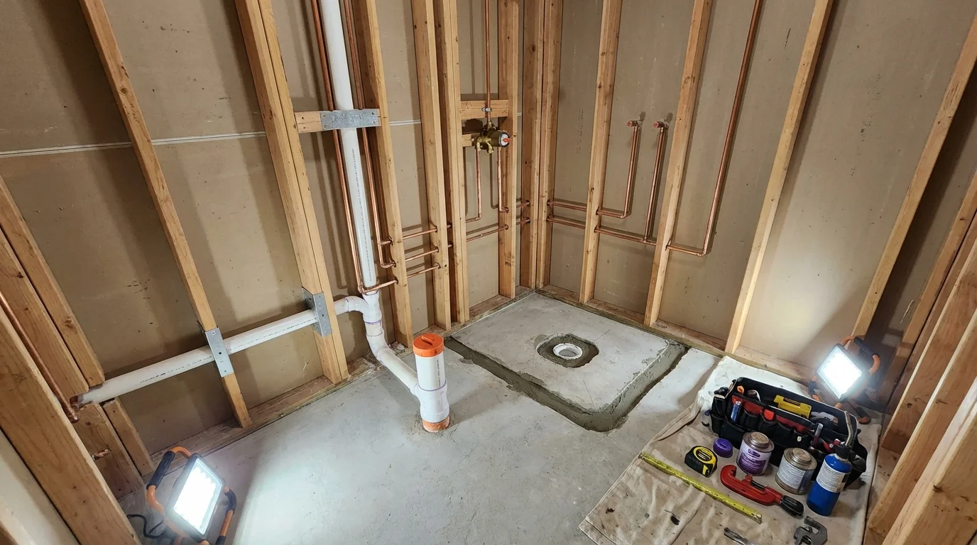 Bathroom rough-in plumbing during remodel by Johns Plumbing LLC in Smithton