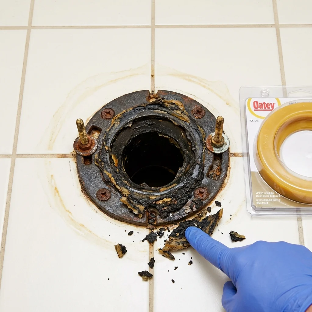 Failed wax ring showing water seepage at the base of a toilet in a Smithton, IL home