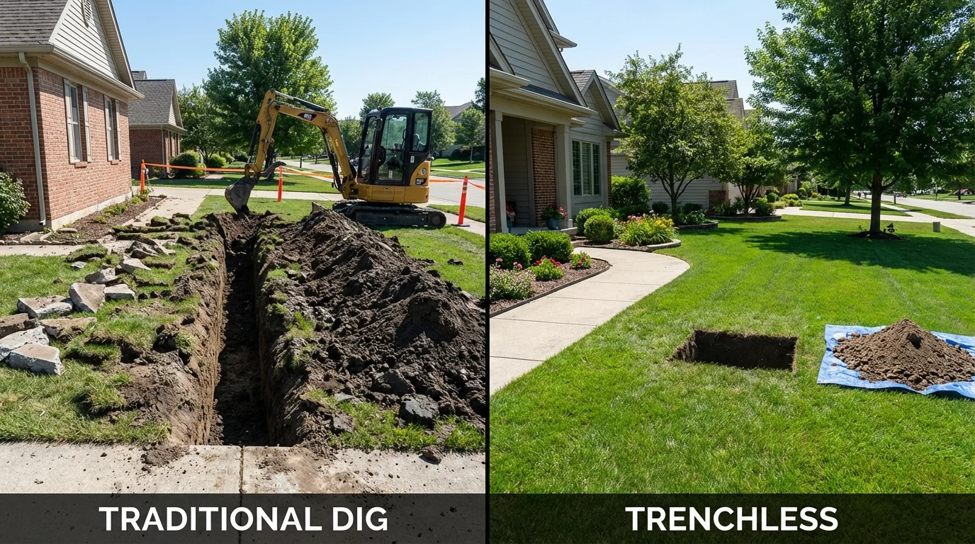 Trenchless sewer repair with minimal yard damage versus traditional excavation in Smithton, IL